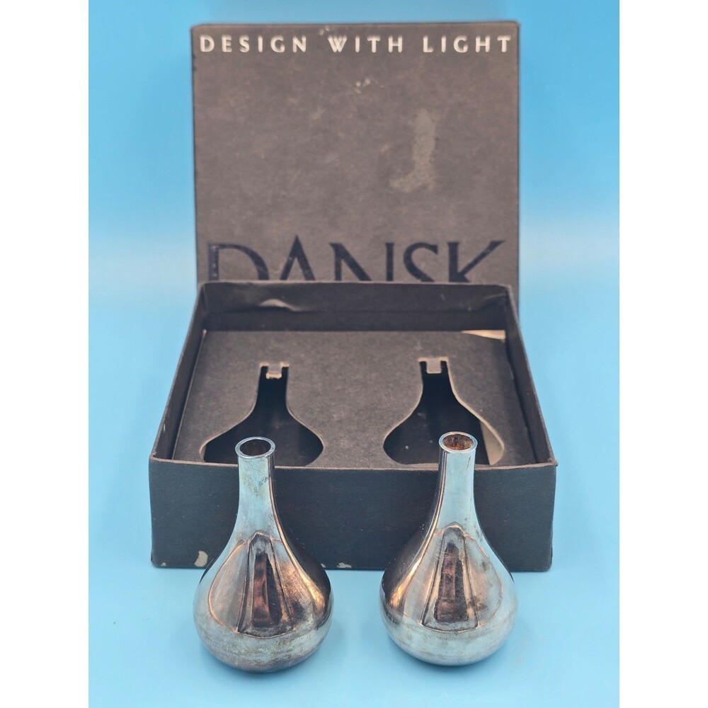 Vtg Dansk Jens Quistgaard Silver Onion Teardrop Candle Holder Pair Box MCM 1960s